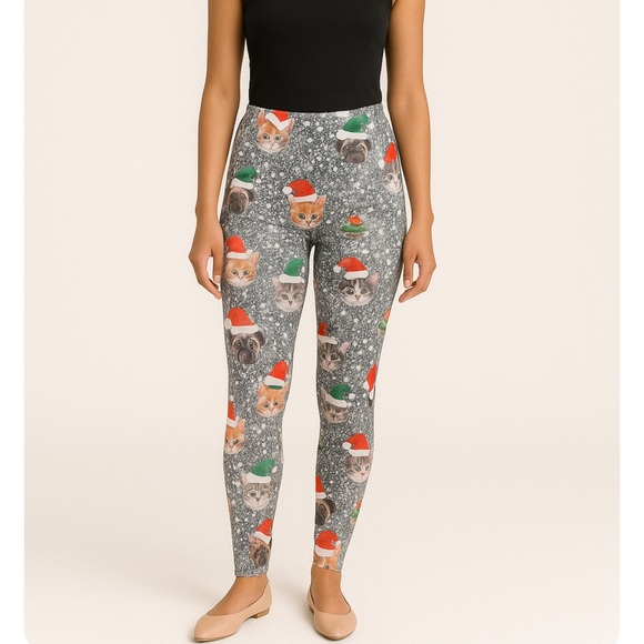Pants - Festive Holiday Christmas Santa Hat Kitten Dog Cat Print Leggings